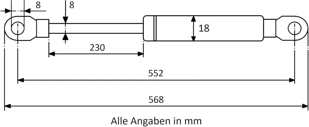 Secuplan Gasdruckfeder 552 mm, 230 mm Hub, 120 N, Ø 8/6 mm, abnehmb. Augen Gasdruckdämpfer, Gasfeder