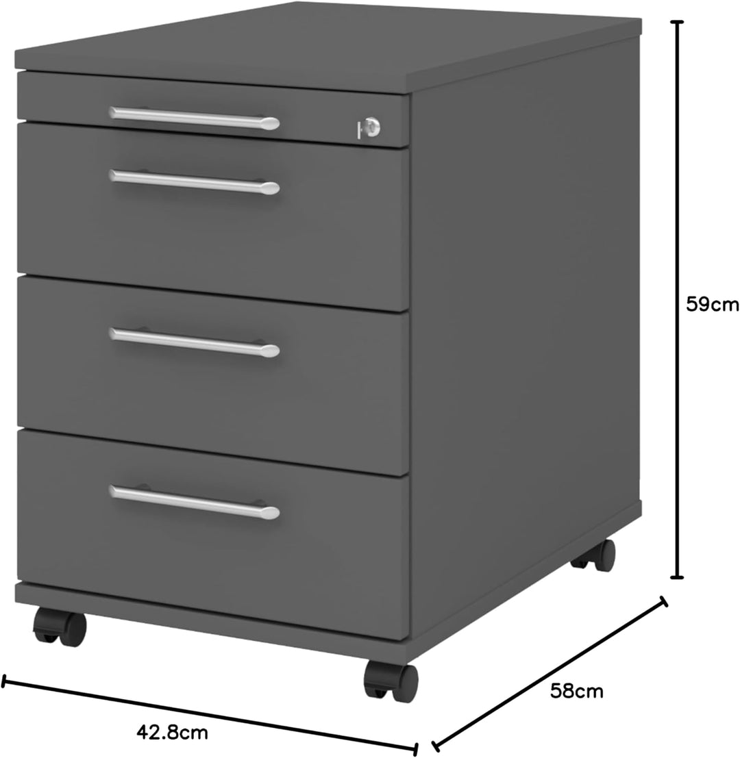 bümö Rollcontainer mit Schubladen, Container abschliessbar aus Holz in Graphit - Rollwagen für's Bür