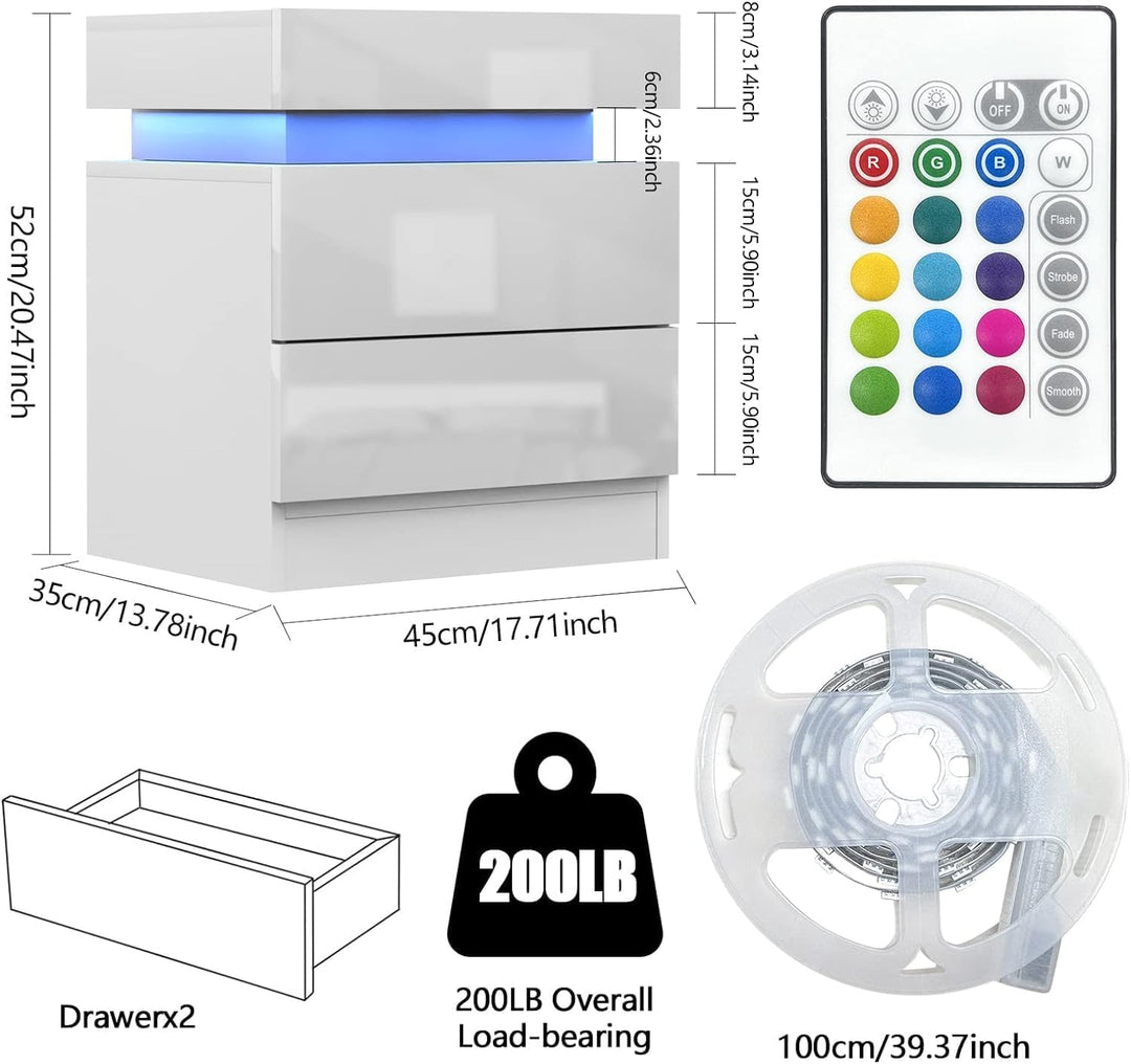 Lvhecforhm Nachtschrank 2er Set Weiss, Hochglanz Nachttisch, Modern Nachttisch 2 Schubladen, Nachtis
