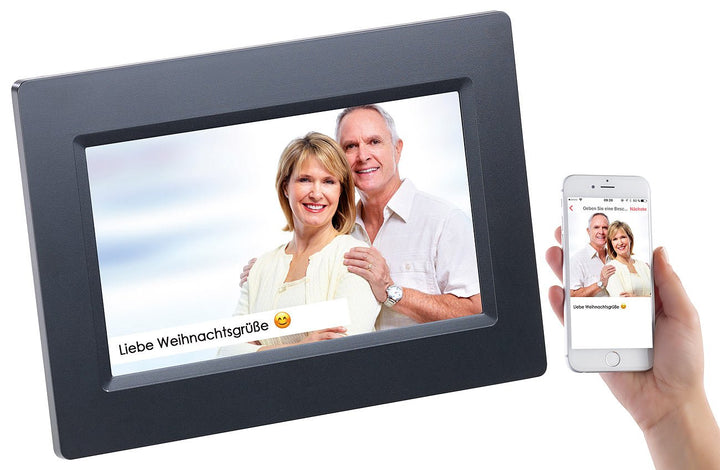 Somikon Digitaler Fotorahmen: WLAN-Bilderrahmen mit 17,8-cm-IPS-Touchscreen & weltweitem Bild-Upload