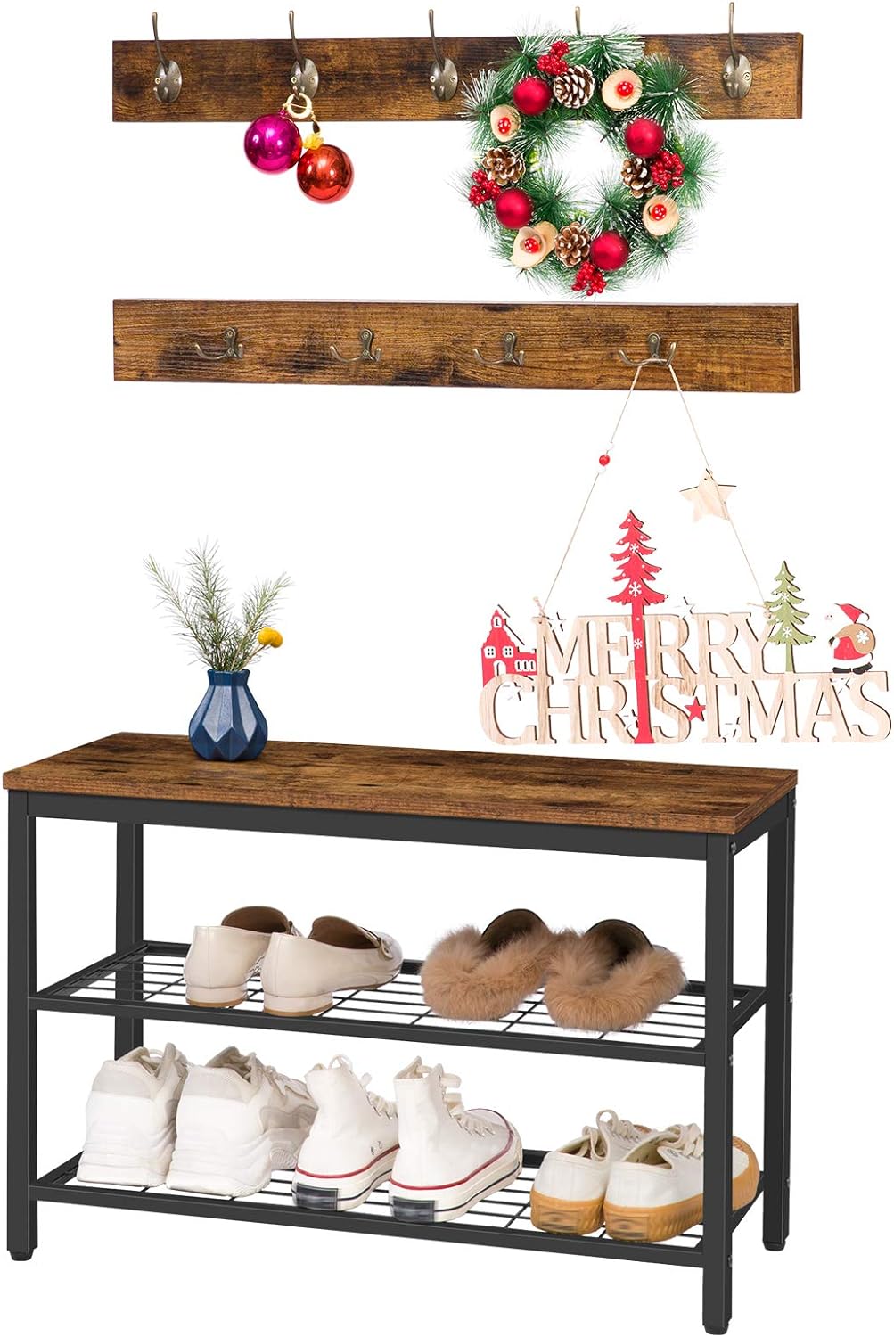 HOOBRO Garderobe Schuhregal Set, Schuhbank mit Sitzfläche, Garderobenständer, Wandgarderobe mit 9 Ha