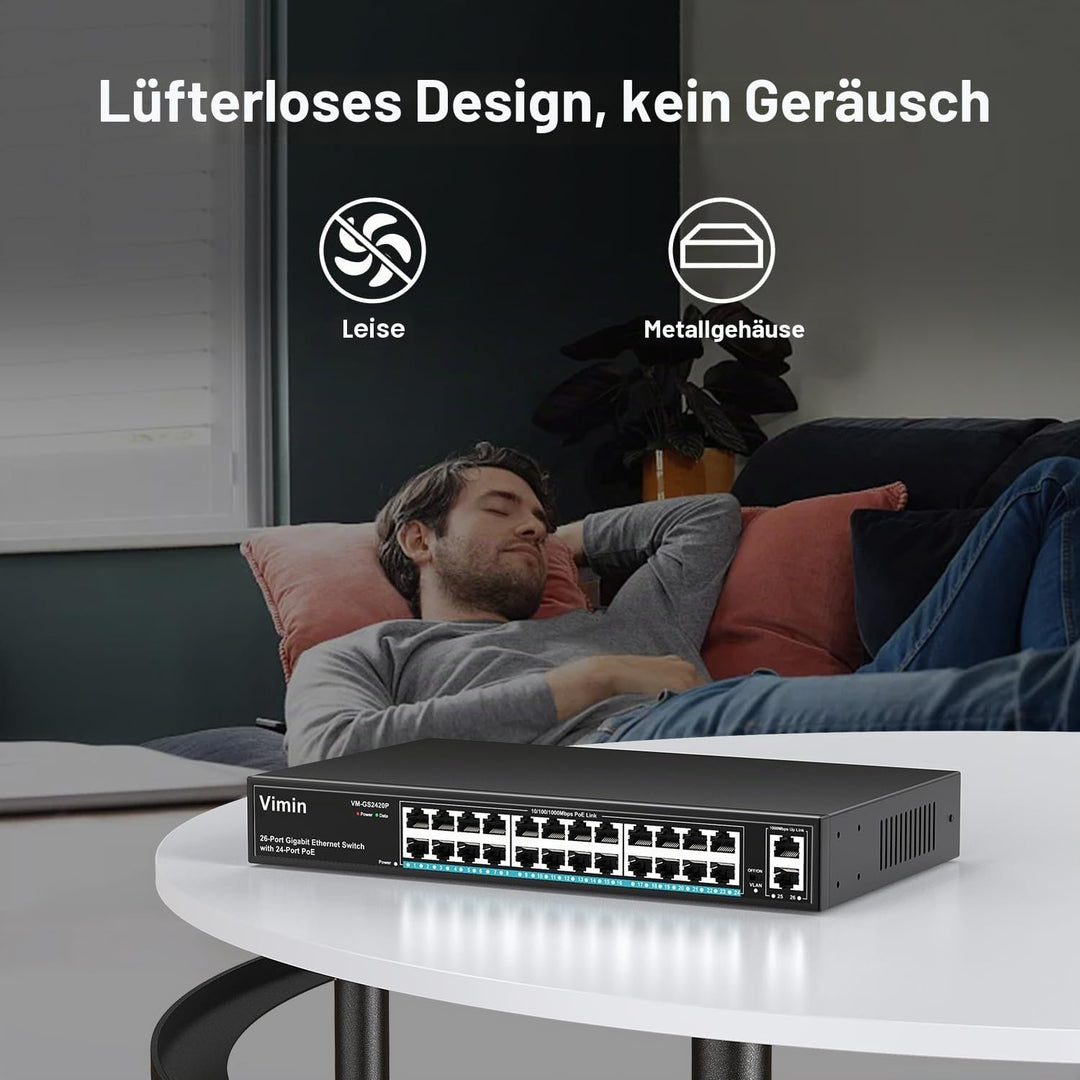 VIMIN 24-Port Gigabit PoE Switch mit 2 Uplink Gigabit Ports, 26-Port Unmanaged Ethernet PoE Switch m