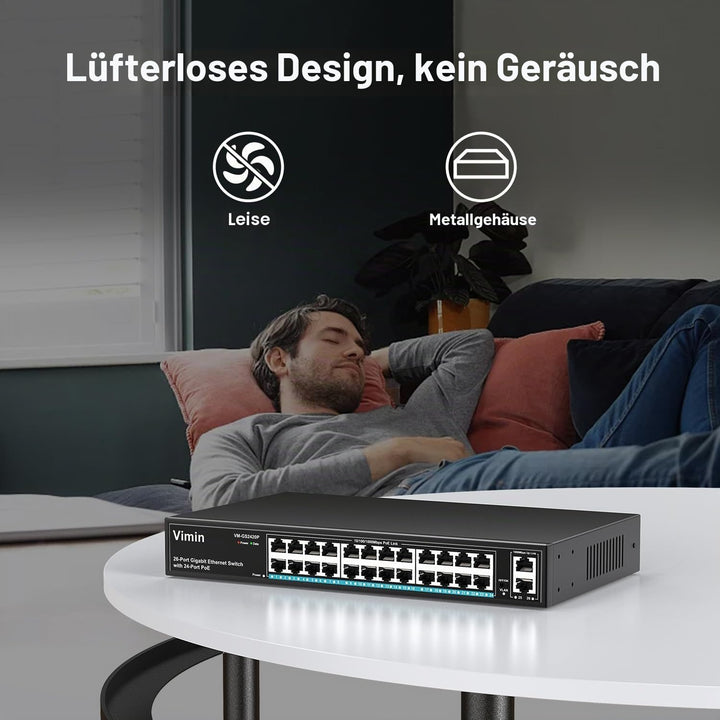 VIMIN 24-Port Gigabit PoE Switch mit 2 Uplink Gigabit Ports, 26-Port Unmanaged Ethernet PoE Switch m