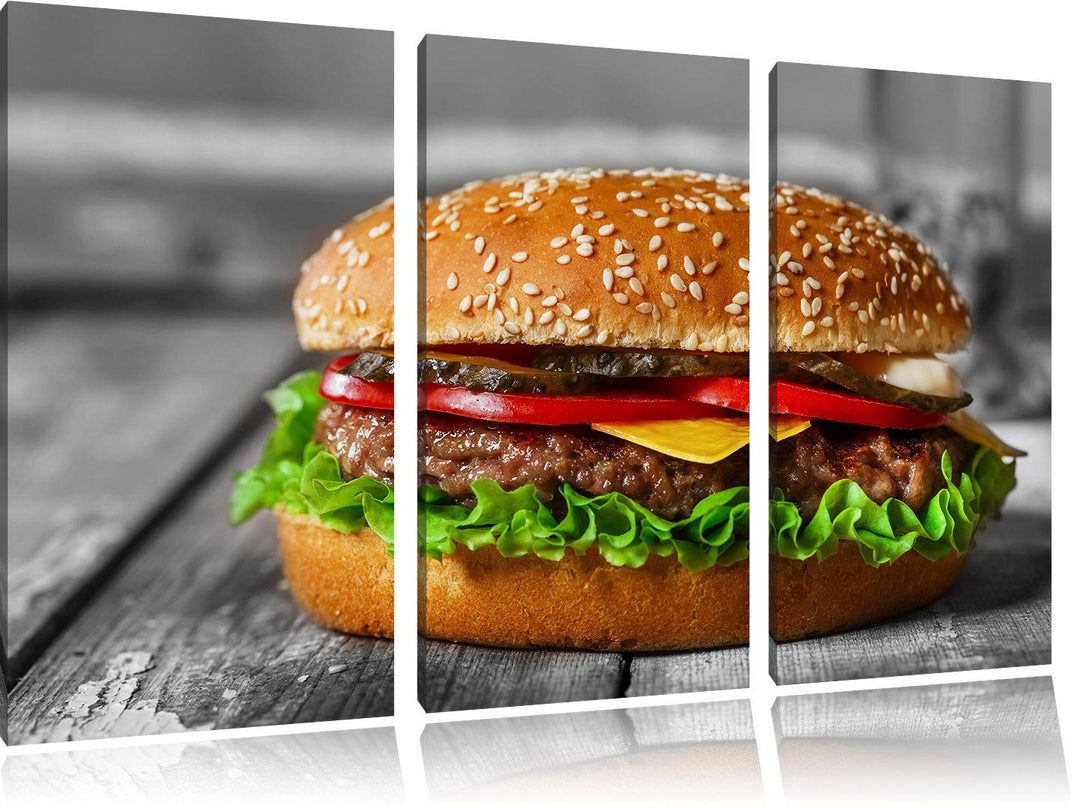 Pixxprint appetitlicher Cheeseburger als Leinwandbild | Grösse: 3 Teilig (120x80) | Wandbild| Kunstd