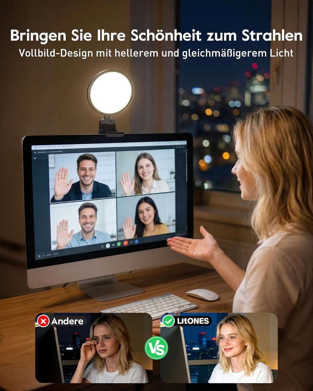 Ringlicht Laptop 5" Videokonferenz Licht,LitONES Premium Streaming-Licht mit 5 Lichtfarben+10 Hellig