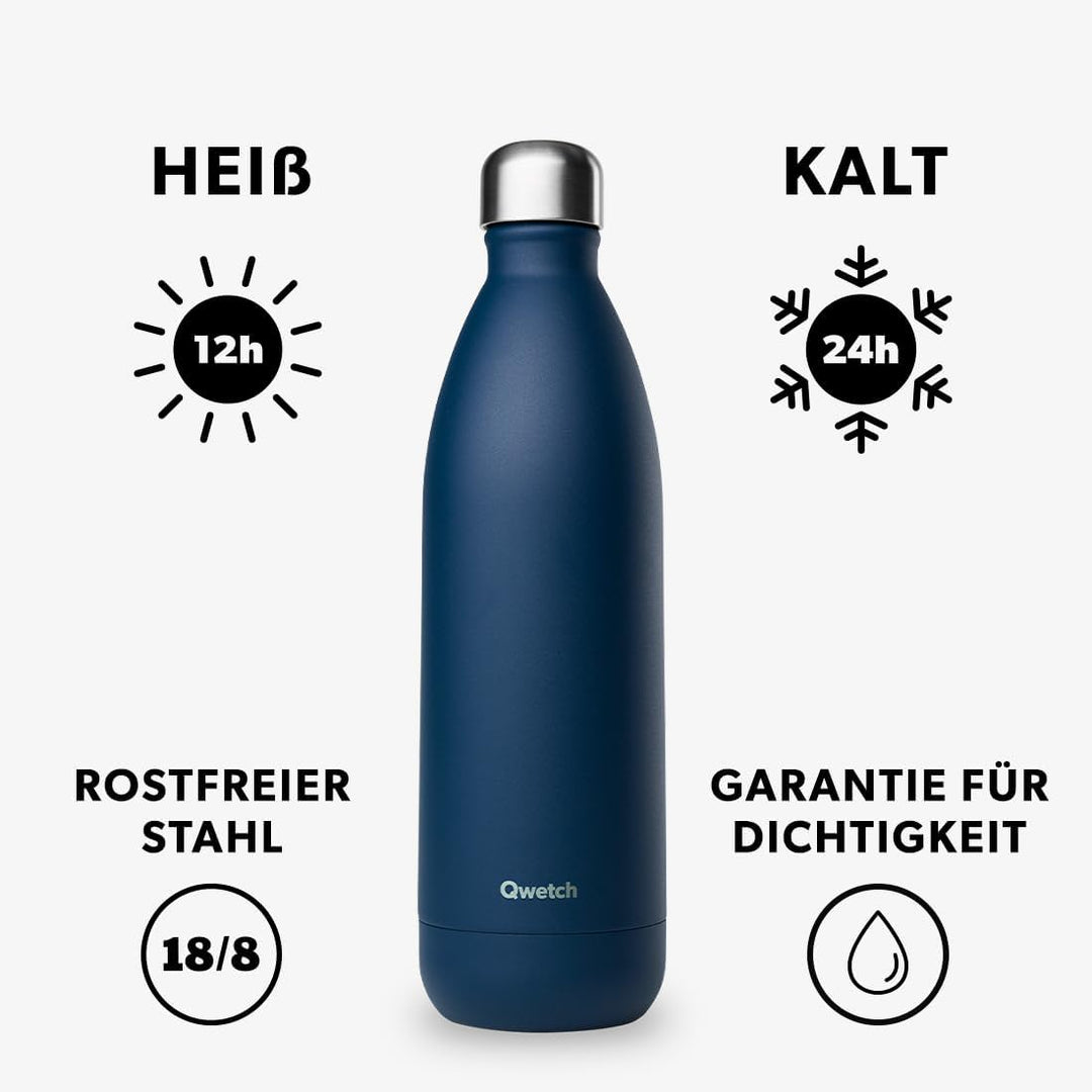 Qwetch - Trinkflasche Originals Edelstahl Isolierflasche 1L Marine Blau - Thermosflasche 24h Kalt &