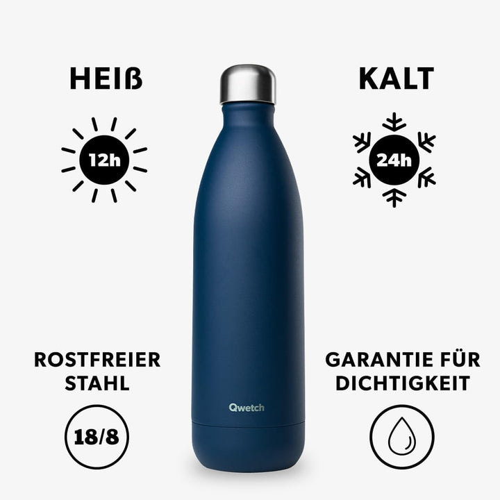 Qwetch - Trinkflasche Originals Edelstahl Isolierflasche 1L Marine Blau - Thermosflasche 24h Kalt &
