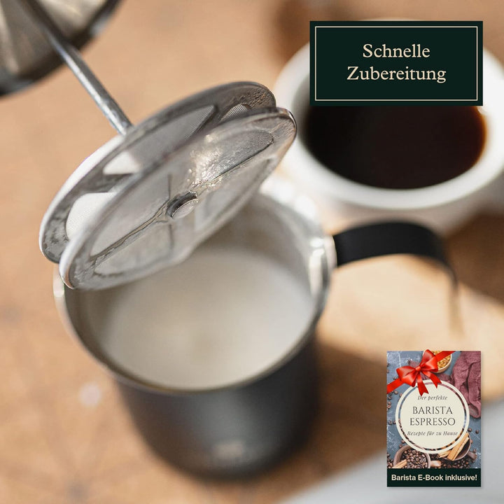 VIENESSO Milchaufschäumer (Manuell/Hand) aus Edelstahl - Milk Frother/Milchschäumer mit Doppelsieb: