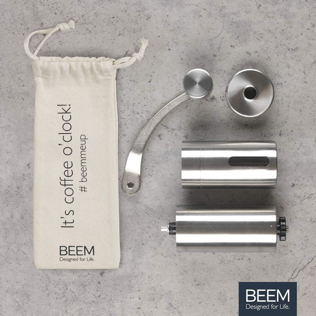 BEEM GRIND-2-GO Manuelle Kaffeemühle – 40 g | Kegelmahlwerk | Mahlgrad-Einstellung stufenlos | Baumw