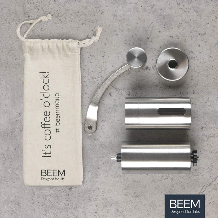 BEEM GRIND-2-GO Manuelle Kaffeemühle – 40 g | Kegelmahlwerk | Mahlgrad-Einstellung stufenlos | Baumw