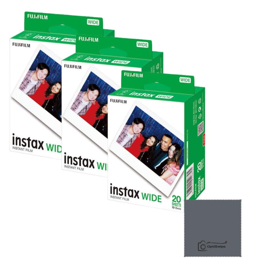 Fujifilm Instax Wide Film 60 Aufnahmen (3×20) – Kompatibel mit Instax Wide Kameras – OptiSwipe Bundl
