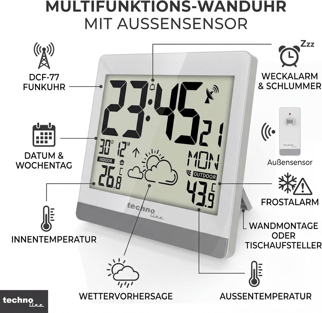 technoline WS8119 digitale Funkwanduhr mit Temperaturanzeige und Wettervorhersage