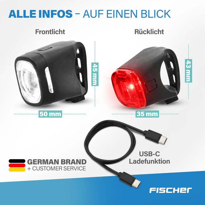 Fischer Fahrrad Beleuchtungsset Square, 40/20 Lux, Front- und Rückleuchte, mit Akku, USB-Ladefunktio