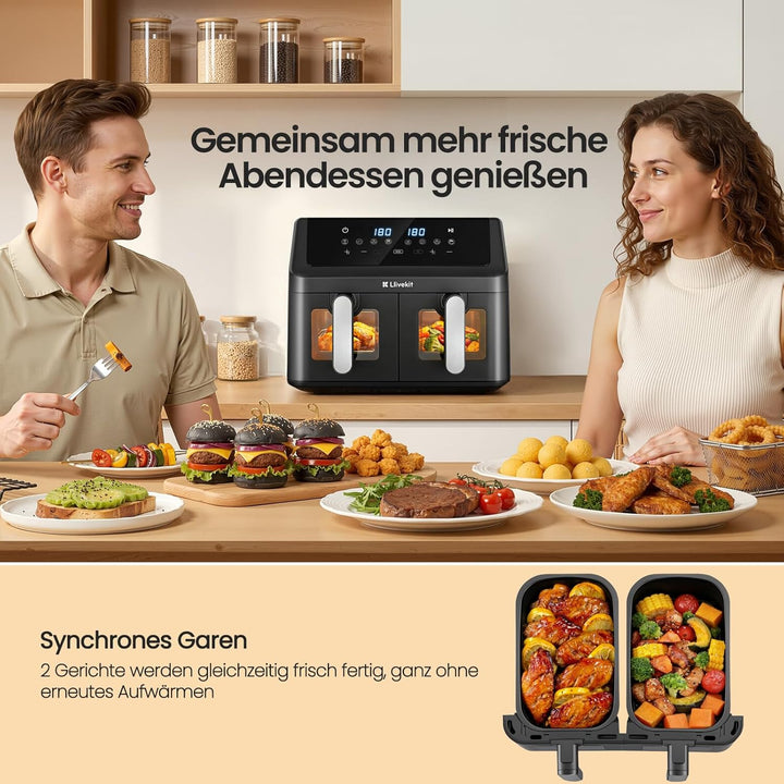 LLIVEKIT 9L Heissluftfritteuse 2 Kammern, Airfryer 2x 4,5L Dual Zone mit 4D Heissluftzirkulation, 95