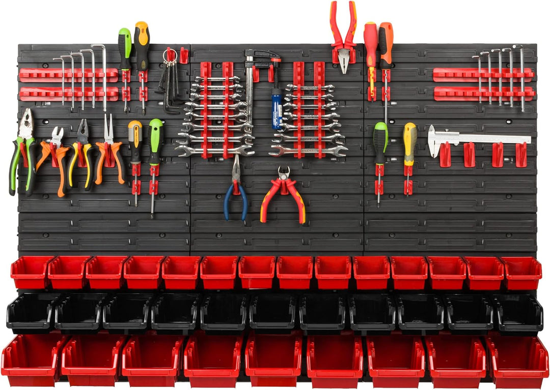Lagersystem Werkstattregal | 117 x 78 cm | 34 stck. Box | Wandregal mit Werkzeughalterungen und Stap