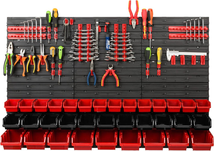 Lagersystem Werkstattregal | 117 x 78 cm | 34 stck. Box | Wandregal mit Werkzeughalterungen und Stap