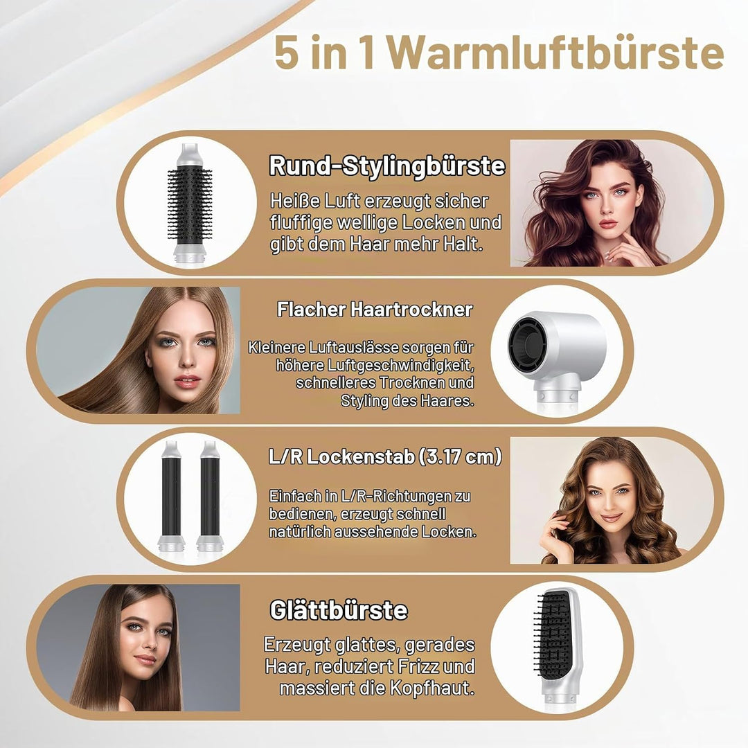 Air Styler Haartrockner 5 in 1, Multifunktionaler Haarstyler mit 5 Zubehörteilen, Haartrockner, Föhn