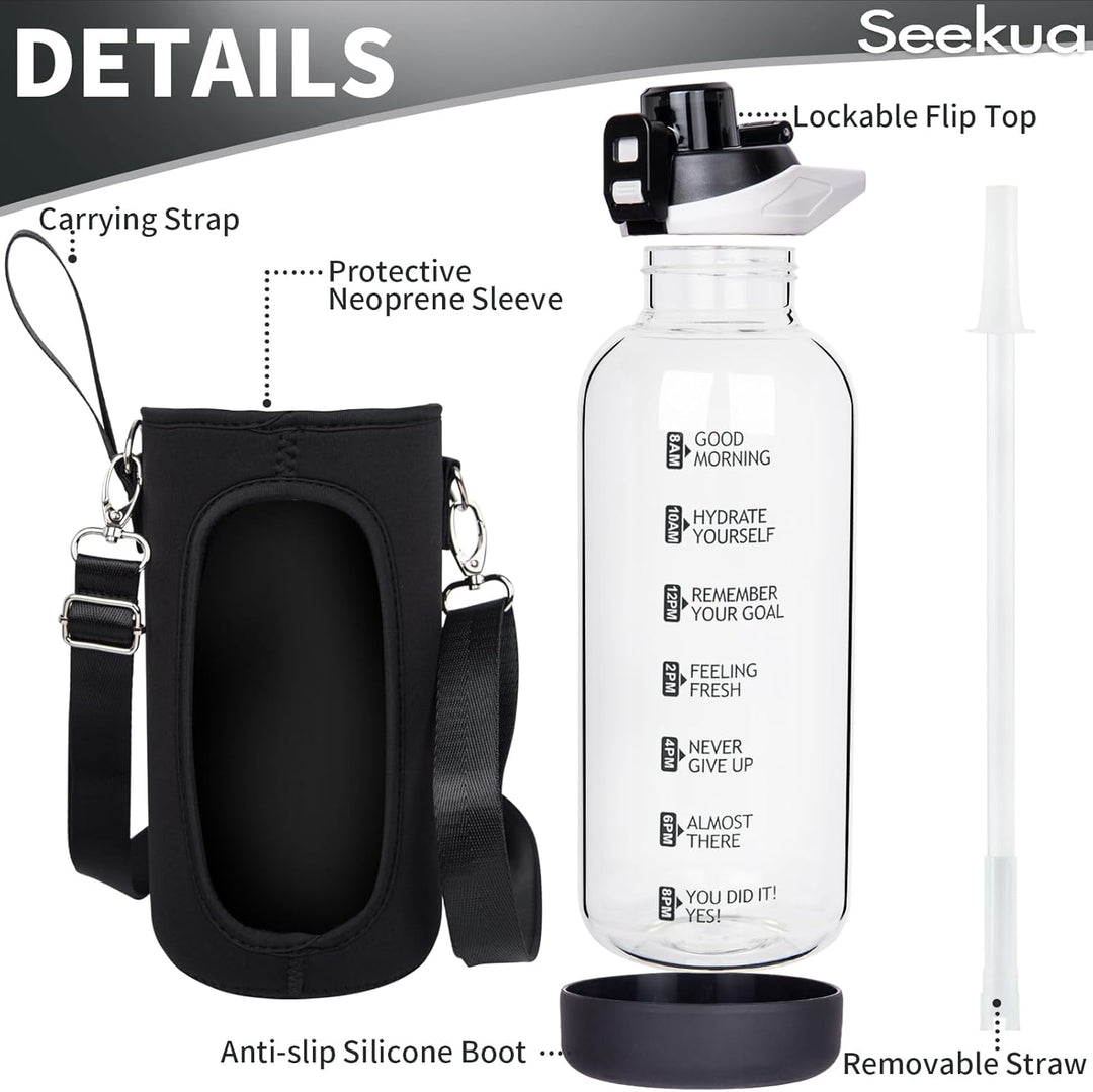 Seekua 2l Sport Trinkflasche Glas Flasche mit Strohhalm & Zeitmarkierung auslaufsicher bpa frei 2 li