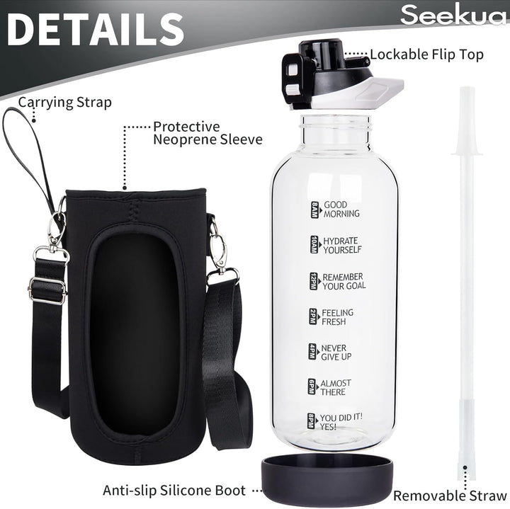 Seekua 2l Sport Trinkflasche Glas Flasche mit Strohhalm & Zeitmarkierung auslaufsicher bpa frei 2 li