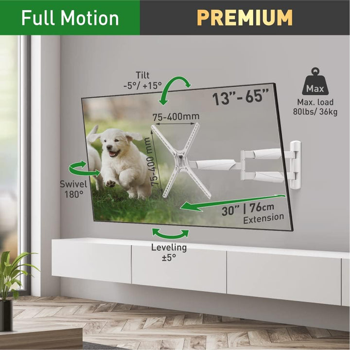 Barkan Weiss TV Wandhalterung, 13-65 Zoll Schwenkbar/Neigbar/Vollbewegung flach & Curved Fernseher T