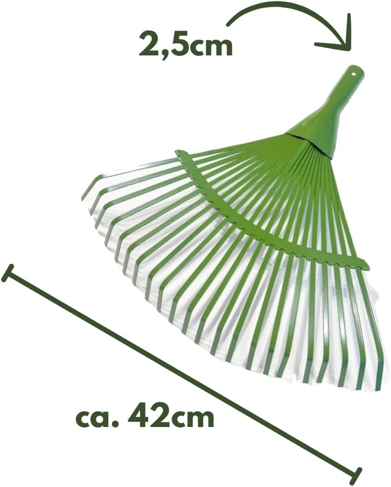 2X Metall Laubbesen mit 22 flachen Zinken, Gartenrechen Laubrechen, Breite: 42cm, grüner Rechen Fäch