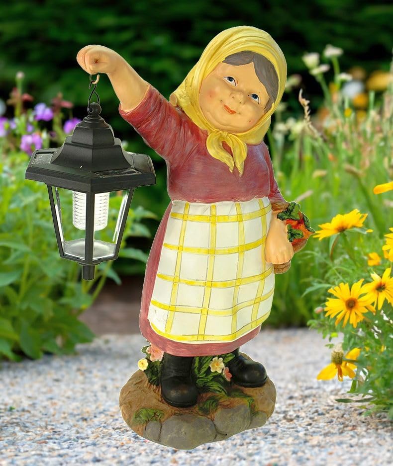 Kremers Schatzkiste Oma Edeltraud mit Solarlaterne und Korb Figur Gartenfigur 38 cm Garten Ältere Da