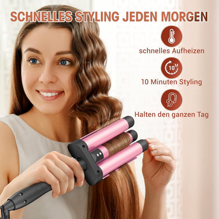Lockenstab 3 Fässer, Beach Waves Welleneisen mit einstellbarer Temperatur, PTC Schnellheizung Schnel