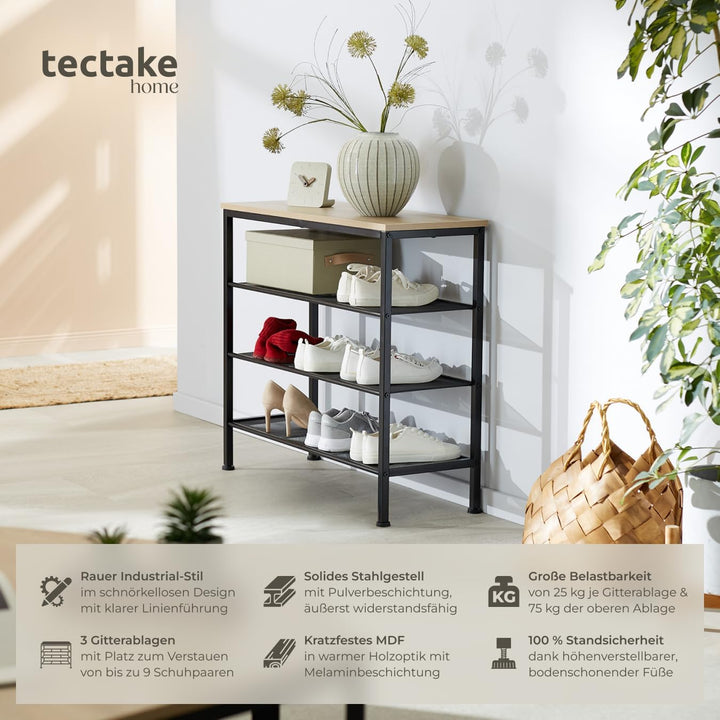 tectake® Schuhregal schmal mit Sitzfläche, Schuhbank 4 Ebenen, 3 Gitterablagen, Schuhregal platzspar