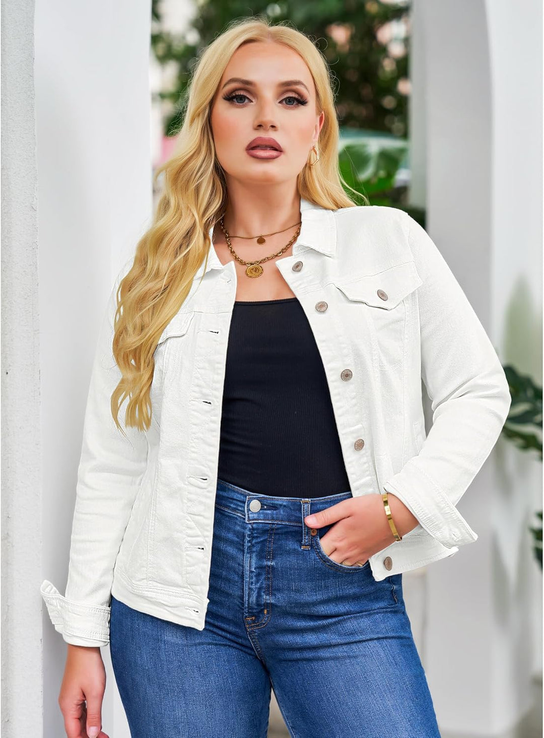 Roskiky Jeansjacken Damen Jean Stretchy Langarm Trucker Jacke mit Tasche M Weiss, M Weiss