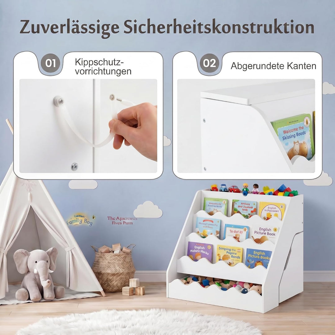 RELAX4LIFE Bücherregal Kinder, Montessori Kinderregal mit 4 Fächern, Klappplatte & Schublade auf Rol