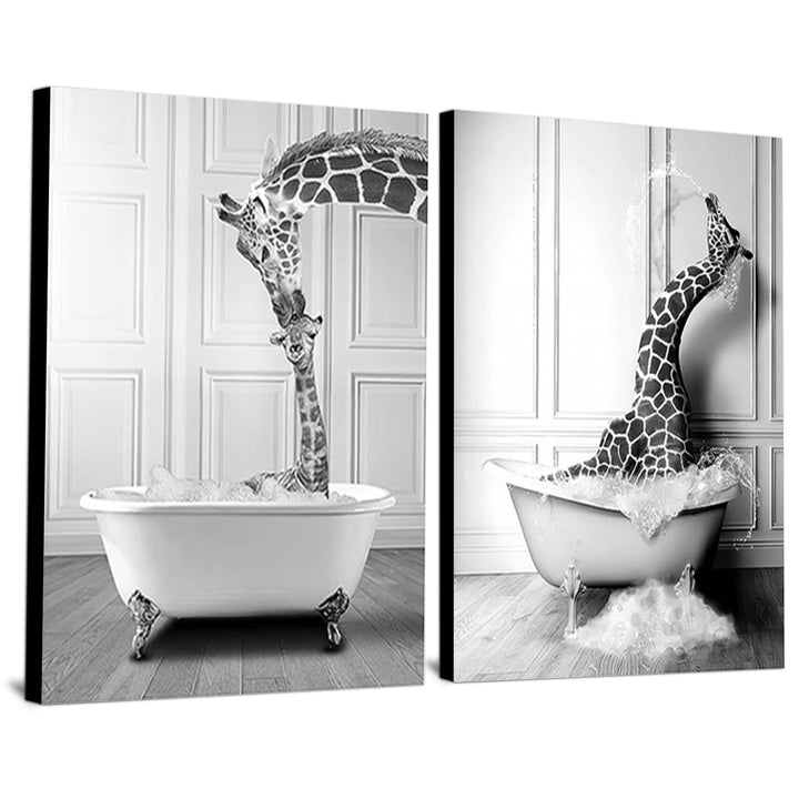 WADBTP Badezimmer Bilder,Schwarz Weiss Bilde,Lustige Tier in der Badewanne Leinwand Bilder für Wohnz