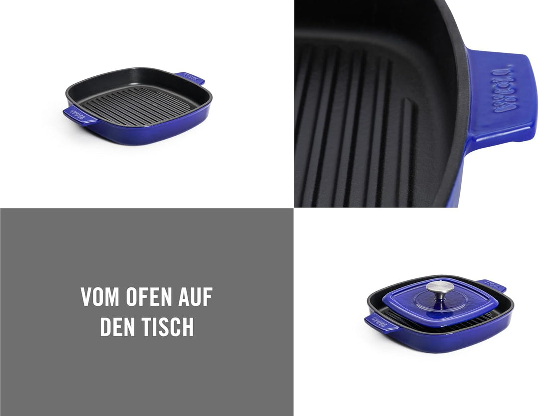 Woll Iron Grillpfanne viereckig mit Rillen, inkl. Steakpresse und Silikongriffen - Induktiv -, 24 x
