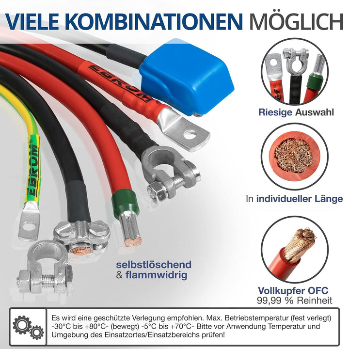 EBROM Batteriekabel Pluskabel 16 mm² rot, komplett, ab 30 cm bis 10 m, viele Längen + Ringösen/Kabel