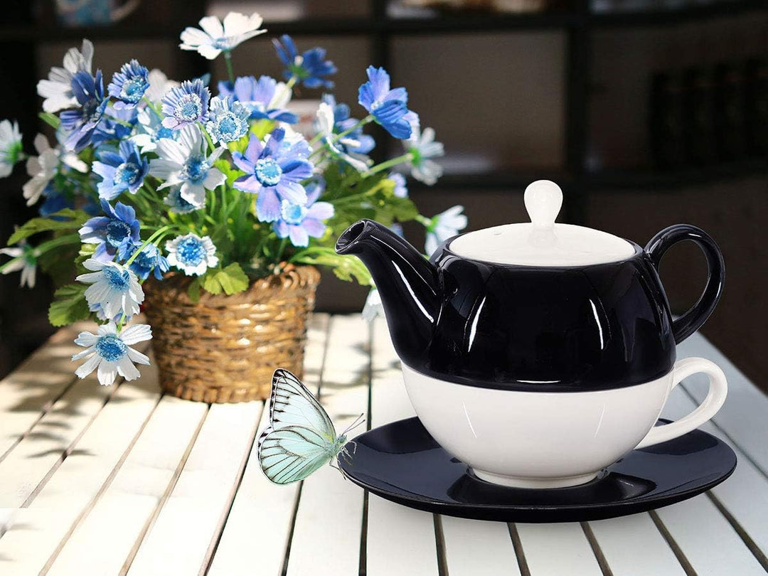 Tea for One mit Sieb Lena 500ml aus Crystal Bone China Porzellan in schwarz. Teekanne + Teetasse + U