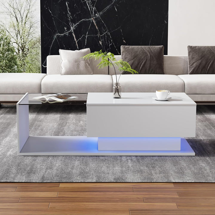 Merax Couchtisch Weiss Hochglanz mit LED, Moderner Wohnzimmertisch mit Stauraum Schubladen, Glasplat