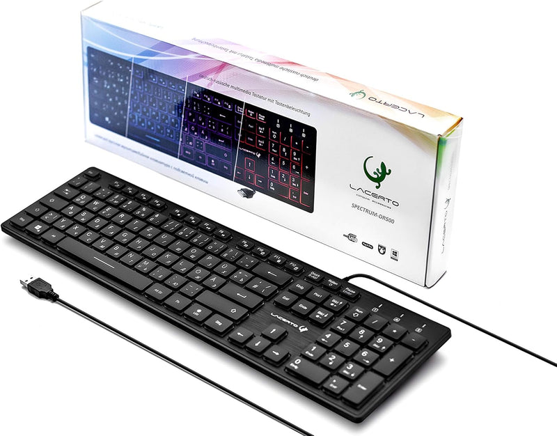 Lacerto® | Bilinguale Russisch-Deutsche beleuchtete Tastatur, USB, Spritzwassergeschützt, Deutsch +