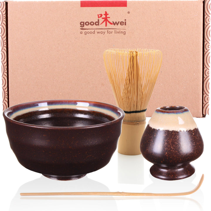 Goodwei Matcha Set mit Matcha Besen, Matcha Schale und Besenhalter aus Keramik | Geschenkset (Kumo),