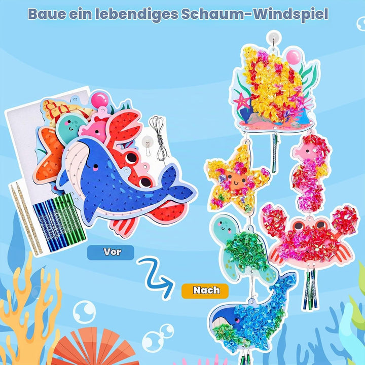 JoyCat Poke Art Basteln Kinder, Windspiel mit Meerestieren, 3D Bastelset mit klingenden Windspielele
