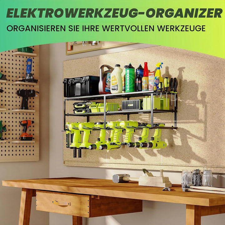 3 Ebenen Werkzeugspeicher für 8 Elektrowerkzeug, Wandhalterung Schlagbohrschrauber Werkzeugregal, We