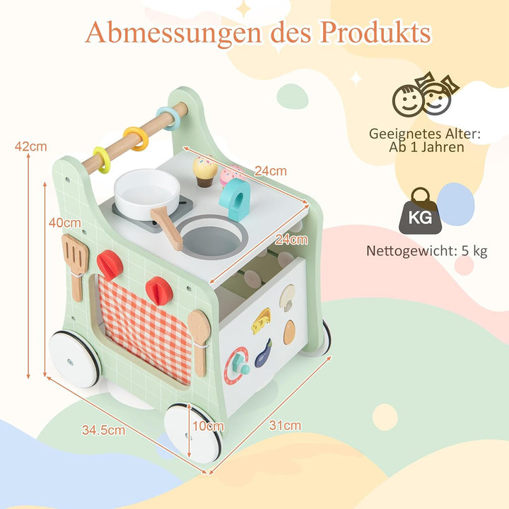 DREAMADE Lauflernwagen Holz, 6-in-1 hölzerne Lauflernhilfe, Baby Walker mit Blöcken & 9 Teilen Zubeh