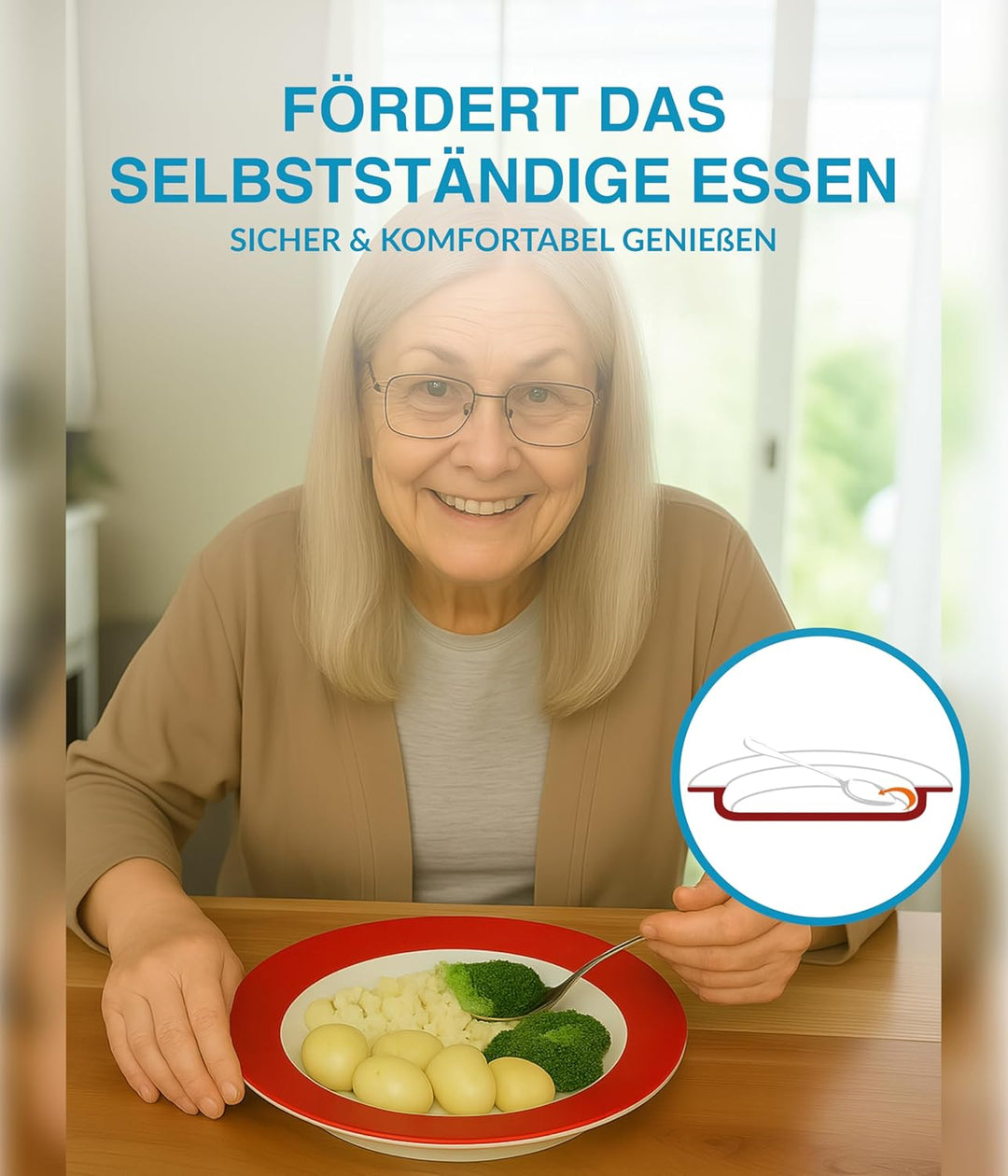 unisonoPLUS Speiseteller Porzellan Rot 26 cm – Spezialteller mit Schiebekante, rutschfest, spülmasch