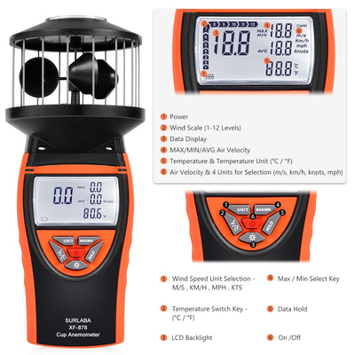 Digital Wind Cup Anemometer, Handheld Windmesser XF-878 Hoher Genauigkeit Wind Gauge Misst MAX/MIN/A