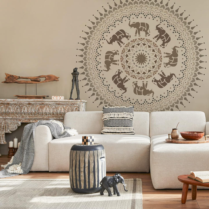 NAKLEO Wiederverwendbare Wand Kunststoff-Schablone – durchmesser 59cm - Elefant Mandala Symbol - Gro