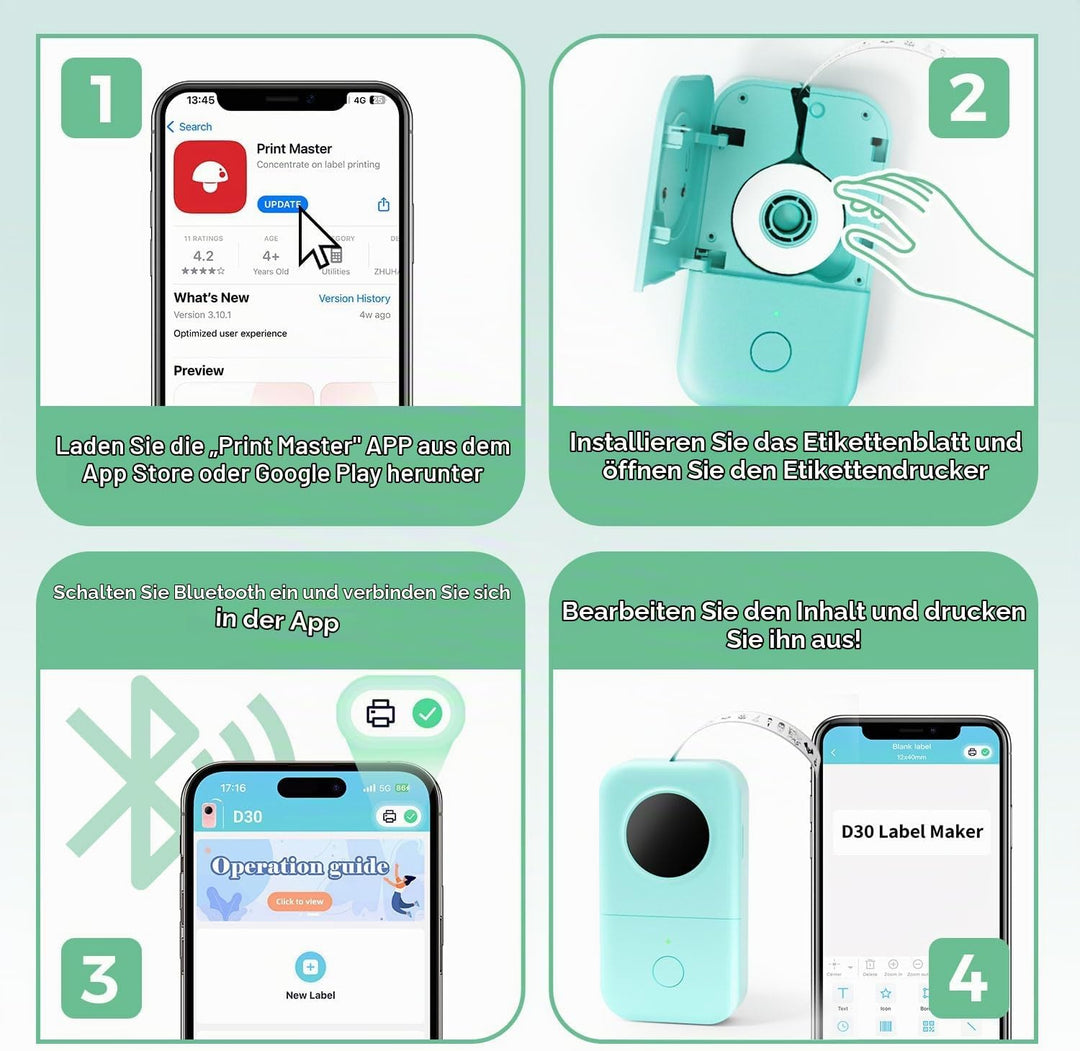 Phomemo D30 Mini Etikettendrucker - Beschriftungsgerät Selbstklebend Bluetooth Etikettiergerät,Label