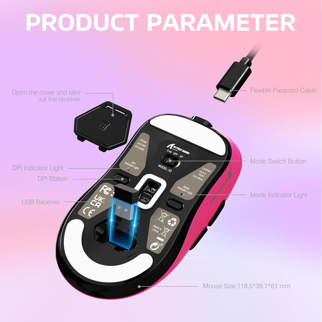 VGN GAMEPOWER x Attack Shark X3 Superlight Kabellose Gaming-Maus, 49g Ultraleicht Mouse, 26000DPI, P