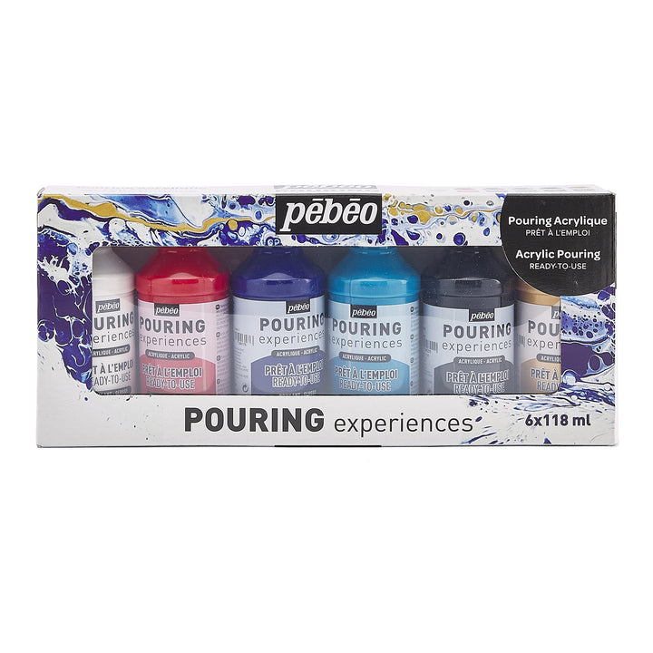 Pébéo 524601 Acryl Pouring Entdecken-Set mit 6 x 118 ml Bereits Gemischten Acrylfarben, Sofort-Kit o