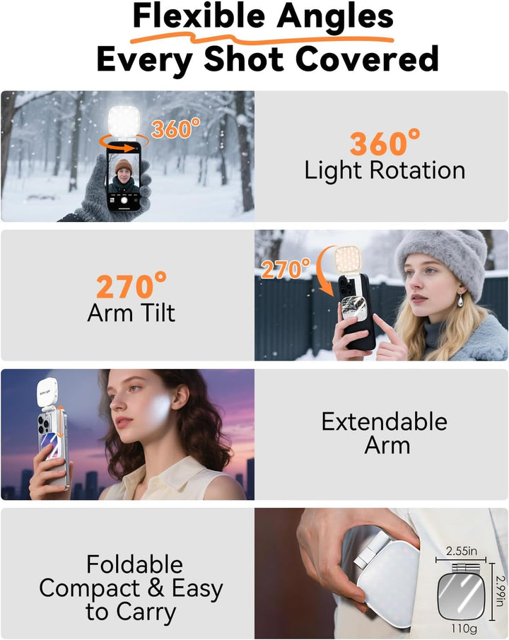 CloudValley Magnetisches Selfie Licht mit Spiegel, 3-in-1 Tragbares LED Ringlicht für iPhone & Andro