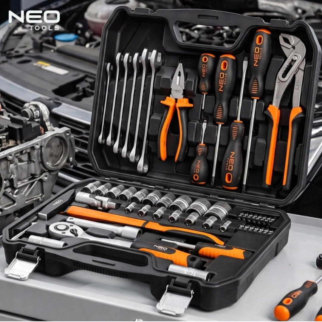 NEO TOOLS Universal Werkzeugkoffer 56-teilig mit Ratsche und Stecknüssen | CrV- und S2-Stahl; 72-Zah