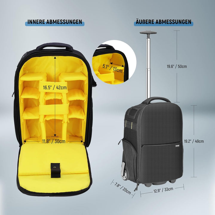 Neewer 2 in 1 Kamerarucksack mit Rollen Gepolstertes stossfestes Fach, Teleskopgriff und versteckte