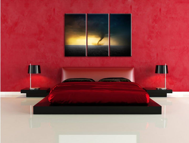 Pixxprint Naturgewalt Tornado Schwarz/Weiss 3-Teiler Leinwandbild 120x80 Bild auf Leinwand